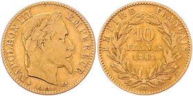 Frankreich Napoleon III. 1852 - 1870
 10 Francs 1862 BB Straßburg. 3,16g. Gadoury 1014a, Friedberg 507. ss