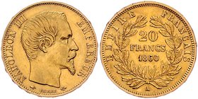 Frankreich Napoleon III. 1852 - 1870
 20 Francs 1860 A Paris. 6,44g. Friedberg 573, Gad. 1061. ss