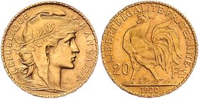 Frankreich 3. Republik 1870-1940
 20 Francs 1900 Paris. 6,45g, win. Kratzer. KM 847 vz