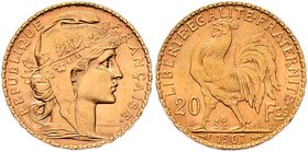 Frankreich 3. Republik 1870-1940
 20 Francs 1907 Paris. 6,44g. KM 847 stgl