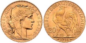 Frankreich 3. Republik 1870-1940
 20 Francs 1914 Paris. 6,47g. KM 847 stgl