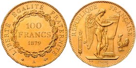 Frankreich 3. Republik 1870-1940
 100 Francs 1879 A Paris. 32,19g. Gadoury 1137 f.stgl.