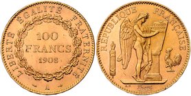 Frankreich 3. Republik 1870-1940
 100 Francs 1908 A Paris. 32,17g. Fr. 590 vz/stgl.