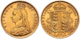Großbritannien Victoria 1837 - 1901
 1/2 Sovereign 1892 Heaton. 3,98g. KM 766, Friedb. 393 ss/vz