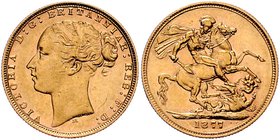 Großbritannien Victoria 1837 - 1901
 Sovereign 1877 M Melbourne. 7,97g. Friedb. 16, KM 7 ss/vz