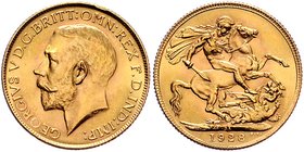 Großbritannien Georg V. 1910 - 1936
 Sovereign 1928 SA Pretoria. 8,01g, win. Sf. am Rand. KM 21 stgl