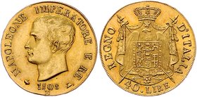 Italien Mailand
Napoleon I. 1804 - 1814 40 Lire 1808 M Mailand. 12,91g. Friedb. 5, Schlumb. 6. vz/stgl