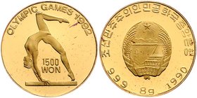 Korea - Süd Demokratische Republik seit 1948.
 1500 Won 1990/92 Olympiade, Schwebebalken, Aufl. nur 1000 Ex. 8,00g. KM 51 PP