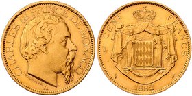 Monaco Charles III. 1856-1889
 100 Francs 1882 A Paris. 32,15g. KM 99 ss/vz