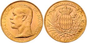 Monaco Albert I. 1889 - 1922
 100 Francs 1896 A Paris. 32,15g. Fr. 13 vz/stgl.