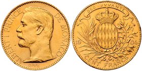 Monaco Albert I. 1889 - 1922
 100 Francs 1904 A Paris. 32,15g. Fr. 13 f.vz.