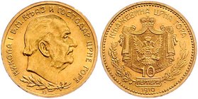Montenegro Nikolaus I. 1860 - 1918
 10 Perpera 1910 3,39g. KM 8, Friedb. 3 vz/stgl