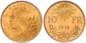 Schweiz Eidgenossenschaft
 10 Franken 1913 3,23g. KM 36 vz/stgl