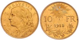 Schweiz Eidgenossenschaft
 10 Franken 1915 3,23g. KM 36 vz