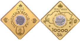 Slowakei Republik
 10000 Slowakische Kronen 2003 Bimetall Gold/Palladium, 10 Jahre Slowakische Republik, 15,55g Gold/1,55g Palladium, Auflage nur 600...