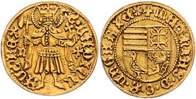 Ungarn Matthias I. Corvinus 1458-1490
 Goldgulden ohne Jahr Hermanstadt. 3,48g, kleines Loch. Huszar 673 ss