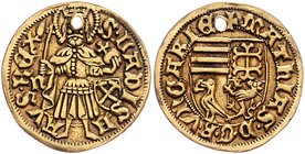 Ungarn Matthias I. Corvinus 1458-1490
 Goldgulden ohne Jahr Nagybanya. 3,52g, gelocht. Huszar 674 ss