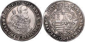 Ungarn Siebenbürgen
Gabriel Bethlen 1613 - 1629 Taler 1627 MC Kaschau. 28,25g, Henkelspur. Resch 405, Dav. 4719 ss