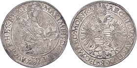 Maximilian II 1564 - 1576
 Guldentaler 1568 Münzmeister Geitzköfler. Joachimstal. 24,48g, getilgte Wertzahl. Dav. 43, Halacka 210 f.vz