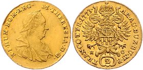 Maria Theresia 1740 - 1780
 2 Dukaten 1773 HG Karlsburg. 7,00g. Her. 70, Eyp. 382 a ss/vz