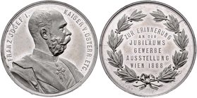 Franz Joseph I. 1848 - 1916
 Zinn - Medaille 1888 auf die Jubiläums Gewerbeausstellung in Wien, Dm 32 mm. Wien. 16,99g, win. Randfehler vz/stgl