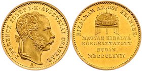 Franz Joseph I. 1848 - 1916 Krönungsmünzen
 Au - Jeton 1867 A auf die Krönung zum ungarische Königin am 8.6.1867 in Budapest, Dm 21 mm. 3,50g . Fr. I...