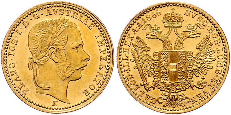 Franz Joseph I. 1848 - 1916
 Dukat 1866 E Karlsburg. 3,53g. Fr. 1221 vz/stgl