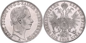 Franz Joseph I. 1848 - 1916
 Vereinstaler 1862 A Wien. 18,42g. Fr. 1411 vz/stgl.