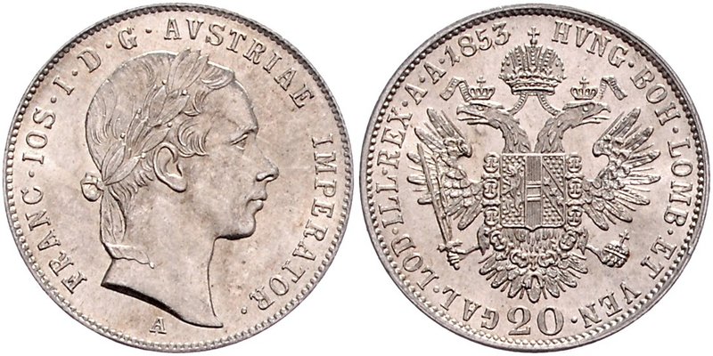 Franz Joseph I. 1848 - 1916
 20 Kreuzer 1853 A Wien. 4,32g. Fr. 1564 stgl