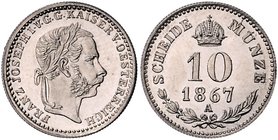 Franz Joseph I. 1848 - 1916
 10 Kreuzer 1867 A Wien. 2,00g, Erstabschlag!. Fr. 1600 EA