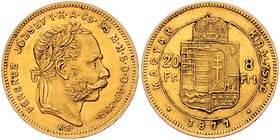 Franz Joseph I. 1848 - 1916
 8 Forint 1877 KB Kremnitz. 6,44g. Fr. 1724 vz