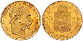 Franz Joseph I. 1848 - 1916
 8 Forint 1882 KB Kremnitz. 6,45g. Fr. 1730 ss/vz