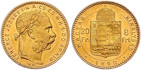 Franz Joseph I. 1848 - 1916
 8 Forint 1890 KB Fiumewappen. Kremnitz. 6,45g. Fr. 1739 ss/vz