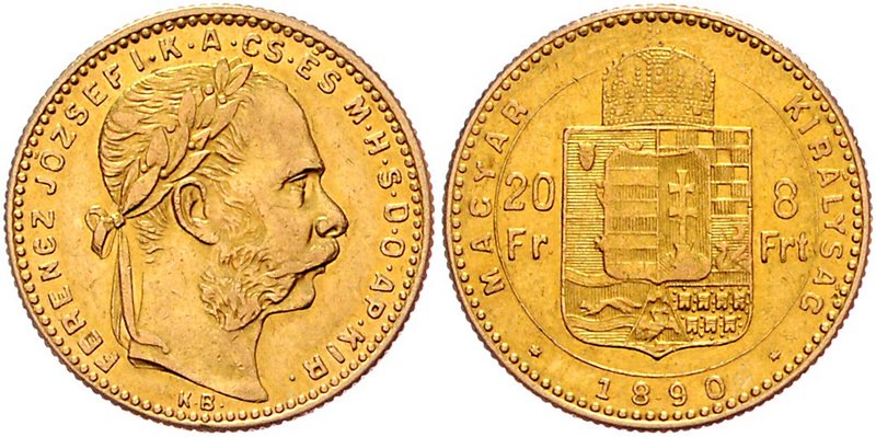 Franz Joseph I. 1848 - 1916
 8 Forint 1890 KB Fiumewappen. Kremnitz. 6,44g. Fr....