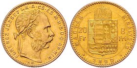 Franz Joseph I. 1848 - 1916
 8 Forint 1890 KB Fiumewappen. Kremnitz. 6,44g. Fr. 1739 vz/stgl