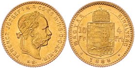 Franz Joseph I. 1848 - 1916
 4 Forint 1888 KB Kremnitz. 3,22g. Fr. 1762 f.vz