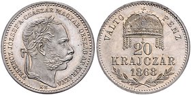 Franz Joseph I. 1848 - 1916
 20 Krajczar 1868 KB Kremnitz. 2,66g. Fr. 1799 stgl/EA