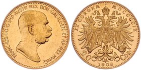 Franz Joseph I. 1848 - 1916
 20 Kronen 1909 Wien. 6,78g. Fr. 1938 vz/stgl.