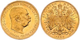 Franz Joseph I. 1848 - 1916
 20 Kronen 1909 St. Schwartz. Wien. 6,80g. Fr. 1939 vz/stgl