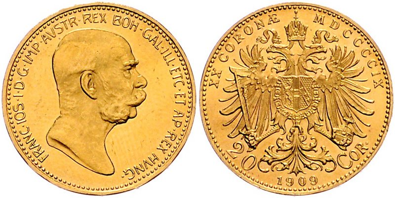 Franz Joseph I. 1848 - 1916
 20 Kronen 1909 Marschall. Wien. 6,79g. Fr. 1939 f....