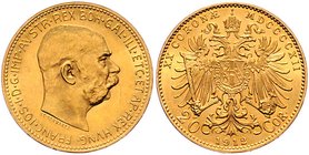 Franz Joseph I. 1848 - 1916
 20 Kronen 1912 Wien. 6,81g. Fr. 1942 stgl