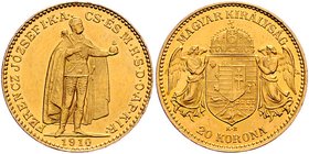 Franz Joseph I. 1848 - 1916
 20 Korona 1910 KB Kremnitz. 6,78g. Fr. 2074 f.stgl