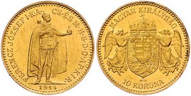 Franz Joseph I. 1848 - 1916
 10 Korona 1914 KB Kremnitz. 3,38g. Fr. 2104 f.vz