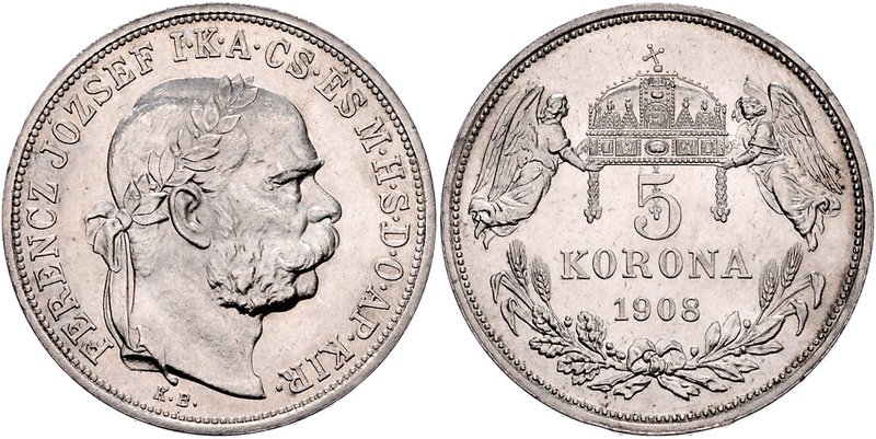 Franz Joseph I. 1848 - 1916
 5 Korona 1908 KB Kremnitz. 23,99g. Fr. 2106 f.stgl