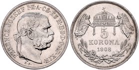 Franz Joseph I. 1848 - 1916
 5 Korona 1908 KB Kremnitz. 23,99g. Fr. 2106 f.stgl