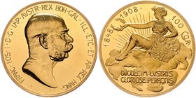 Franz Joseph I. 1848 - 1916
 100 Kronen 1908 KB Anlässlich des 60-jährigen Regierungsjubiläum. Kremnitz. 33,87g, Prachtexemplar!. Fr. 2182 PP
