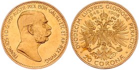 Franz Joseph I. 1848 - 1916
 20 Kronen 1908 Anlässlich des 60-jährigen Regierungsjubiläum. Wien. 6,78g. Fr. 2183 vz/stgl