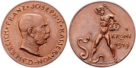 Franz Joseph I. 1848 - 1916
 1 Krone 1914 Probeprägung in Kupfer, unsigniert, Stempel von K. Goetz. Wien. 4,33g. Her. 1146 stgl.