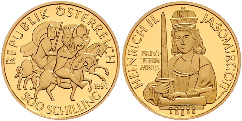 2. Republik 1945 - heute
 500 Schilling 1996 Heinrich II. Jasomirgott. Wien. 8,...