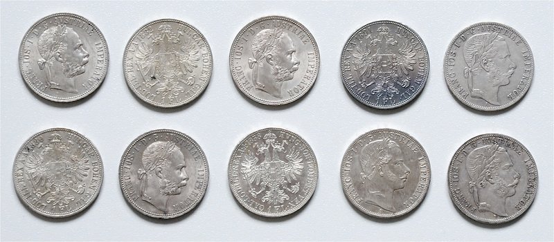 Franz Joseph I. 1848 - 1916
 LOT 10 Stk. 1 Gulden div. Jahre, dabei 1866 A und ...